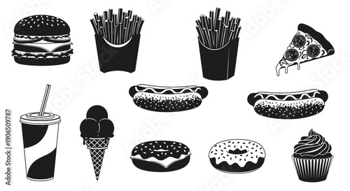 Black and white illustration of various fast food items arranged in a row