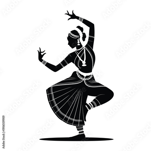 A graceful Indian classical dancer silhouette adorned with traditional jewelry poses with elegant hand gestures