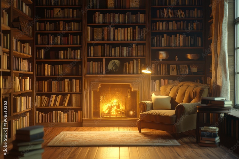 Fototapeta premium Cozy reading nook by the fireplace in a well-stocked library during evening hours