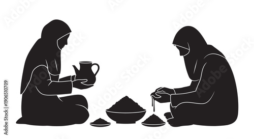 Women preparing traditional tea in a serene minimalist setting with copy space
