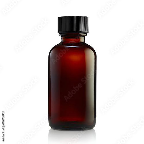 Dark amber glass bottle with black cap on white background for medical or cosmetic product packaging