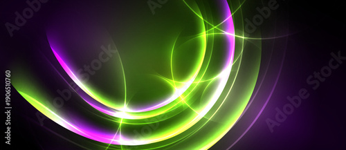 Abstract swirls, vibrant green, purple hues dominate dark background. Smooth curves create dynamic energy, glowing effect present.