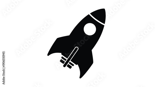 A simple black rocket ship illustration in a stark silhouette
