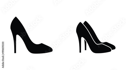 Two black high heels displayed against a white background silhouette
