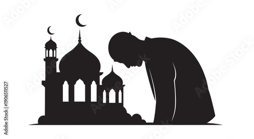 Muslim man praying near mosque silhouette with crescent moon
