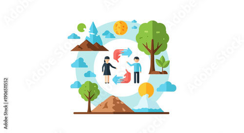 Business concept illustration of collaboration and resource management within a cyclical natural environment