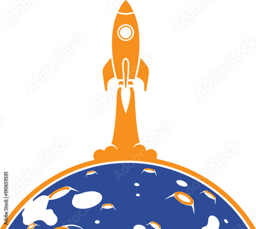 A vibrant orange rocket launches into space, leaving a trail of fire against a dark blue, star-speckled background representing the cosmos