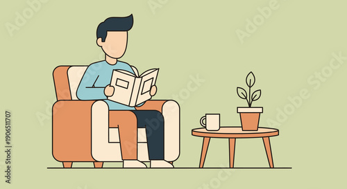 A soothing illustration capturing the concept of tranquil home life, depicting a man peacefully absorbed in reading a book while relaxing comfortably in his armchair with a plant