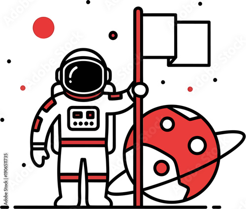 Stylized illustration of a pioneering astronaut proudly planting a flag on a distant planet, symbolizing humanity's ambition for space exploration and cosmic discovery