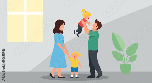 Happy family illustration parents playing with their children indoors, creating a joyful and loving atmosphere in a cozy home environment