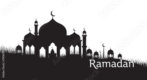 Ramadan Mosque Silhouette with Crescent Moon Islamic Background