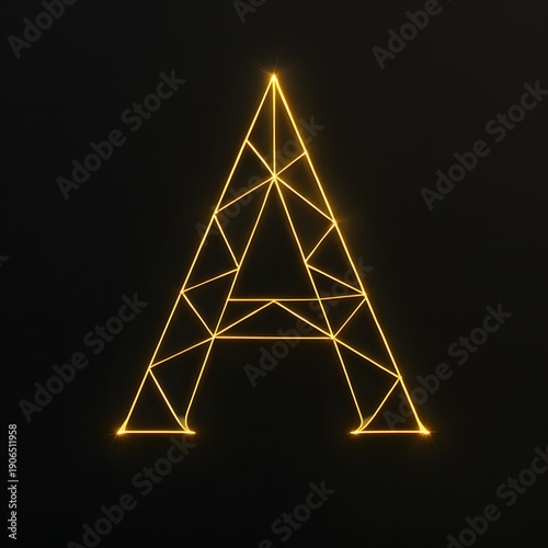 Glowing Golden Letter A Geometric Shape on Black Background