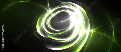 Abstract swirls, luminous green energy radiating from central point. Dark background emphasizes bright, flowing lines. Modern design.
