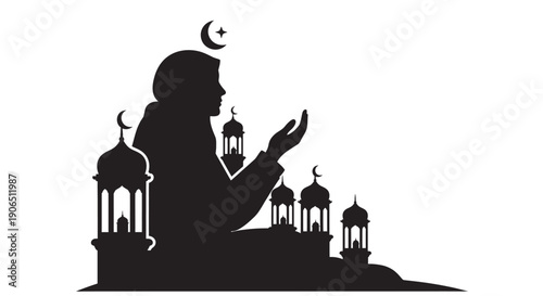 Muslim woman praying silhouette with mosque and crescent moon