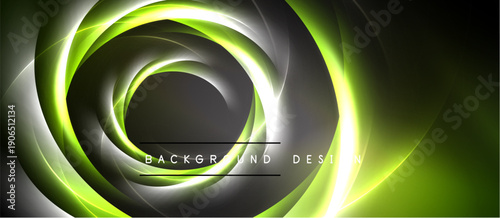 Abstract swirling lights create dynamic focal point. Dark background emphasizes bright neon green, silver tones. Modern design element.