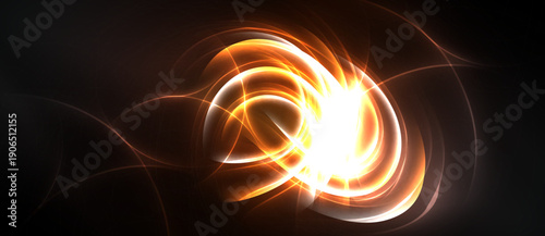 Bright orange energy swirls against dark background. Light radiates, creating dynamic abstract composition. Intense glow dominates center.