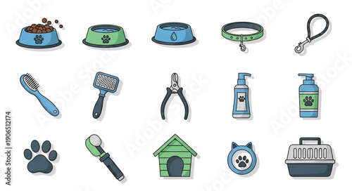 Collection of pet grooming and care items illustrated.