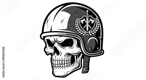 Skull Wearing Military Helmet Illustration.