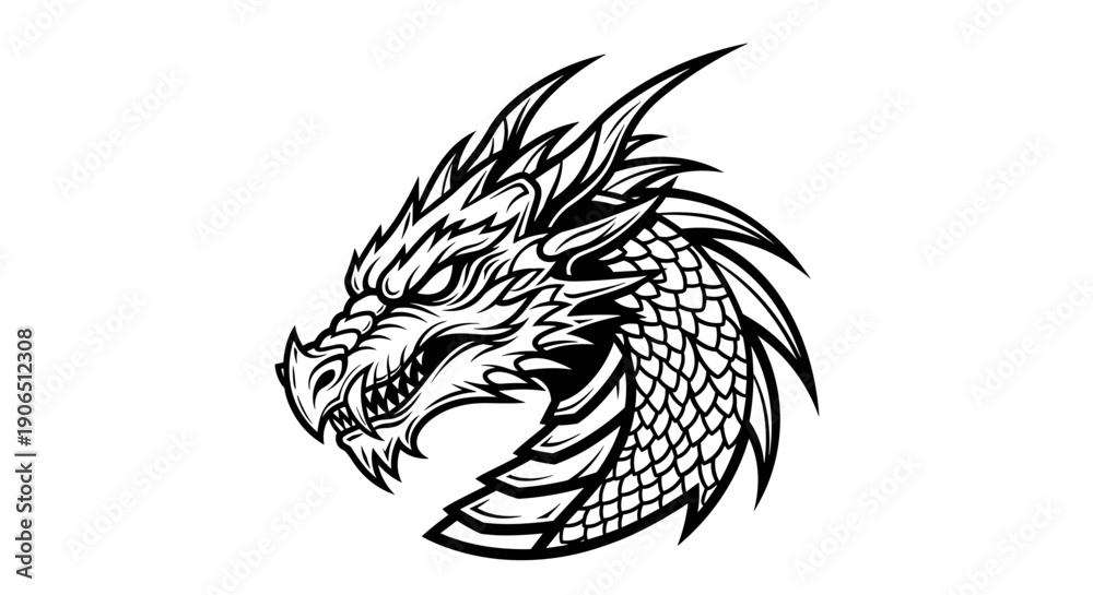 Obraz premium Detailed Black and White Dragon Head Illustration.