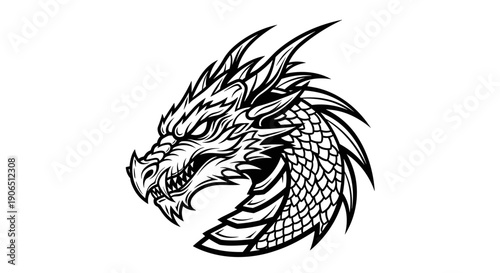 Detailed Black and White Dragon Head Illustration.