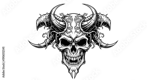 Detailed Black and White Skull Illustration with Horns.
