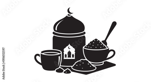 Ramadan coffee and dates illustration with traditional container and crescent moon