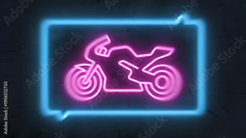 Neon pink motorcycle sign with blue border on dark wall