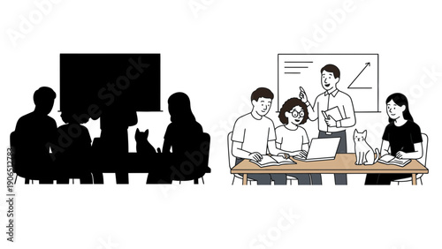 A diverse group of people collaborating in a modern office setting with pets