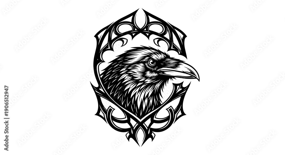 Naklejka premium Black and White Raven Head Illustration.