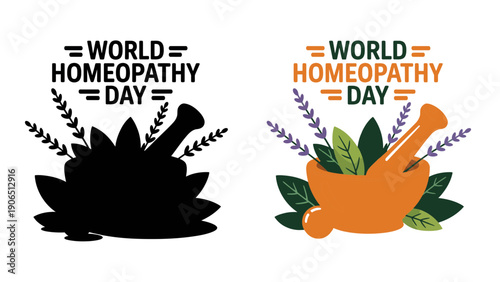 World Homeopathy Day illustration with mortar and pestle