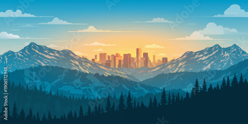 A breathtaking panorama of the misty mountain peak captures the golden sun as it transitions between a glowing sunrise and a soft sunset over the snow-covered winter forest landscape