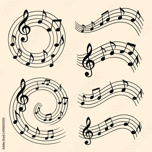 Music Notes and Staff Set Collection Minimal Vector Illustration for Sound and Melod