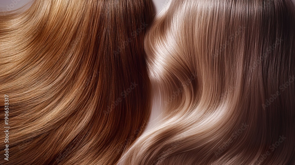 Fototapeta premium A before-and-after transformation of dry, damaged hair into soft, silky strands, high-contrast details, professional hair care concept