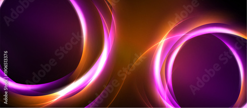 Abstract design features vibrant purple, orange circles. Smooth curves create dynamic, glowing effect against dark background. Modern, energetic composition.