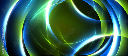 Abstract design features flowing curves, vibrant blues, greens, yellows. Light creates dynamic energy, modern aesthetic.