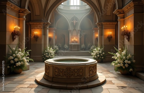 Church baptistery with Easter decoration