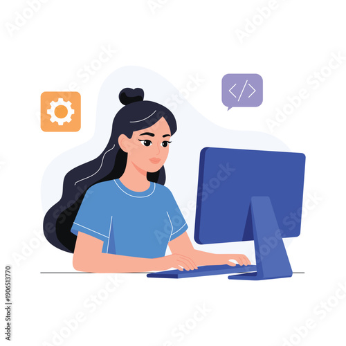Flat illustration of web developer working on computer, ready for premium use