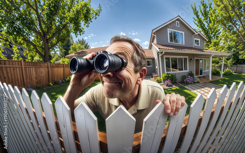 Suburban Voyeurism: Nosy Neighbor Peeking with Binoculars Over Picket Fence