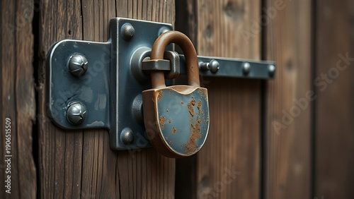 plurality. Rusted iron hasp and padlock secured to an old wooden warehouse door. real-estate listings, architecture portfolios, designed for real-estate listing and luxury residence showcases.