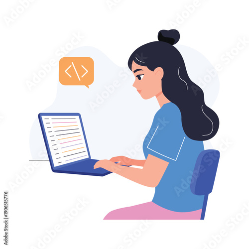 Check out this creative flat illustration of programmer working in code editor