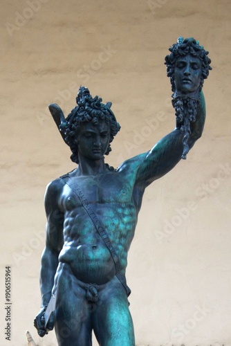 2022.07.20 Florence, Italy, Piazza della Signoria, evocative image of the statue of Perseus with the head of Medusa

