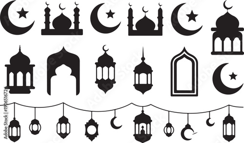 Collection of Islamic symbols for Ramadan including crescent moons mosques and lanterns vector illustration