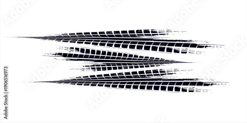 Tire tread marks, wheel textures, tire marks - car racing, motocross, drift, rally, off-road and others. Vector black isolated texture in grunge style with splashes.eps10