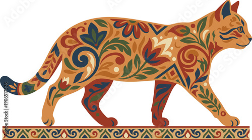 Ornate Tribal Patterned Cat Vector Illustration Graceful Feline Walking in Side Profile with Intricate Floral Designs and Decorative Elements