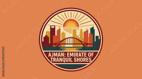 Ajman Emirate Of Tranquil Shores - A Stunning Graphic Depicting The Cityscape At Sunset With A Bridge