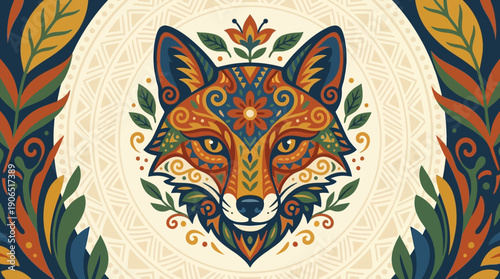 Vibrant Folk Art Fox Illustration with Intricate Geometric Patterns and Natural Motifs