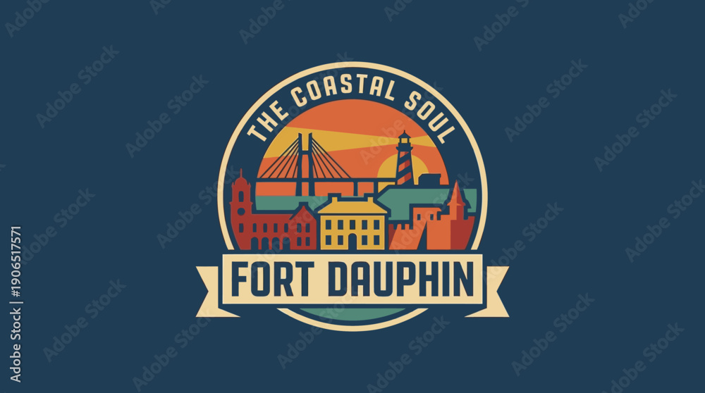 Obraz premium Retro coastal town emblem depicting a skyline, lighthouse, and bridge at sunset, evoking peaceful seaside travel