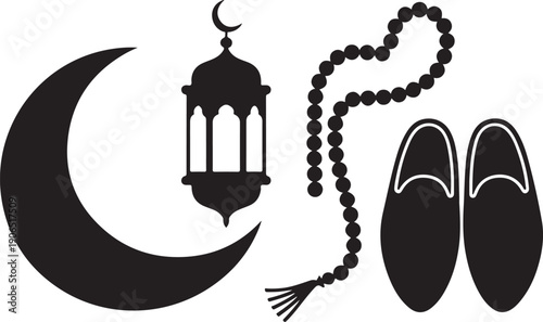 Islamic symbols for Ramadan including crescent moon, lantern, prayer beads and slippers vector illustration