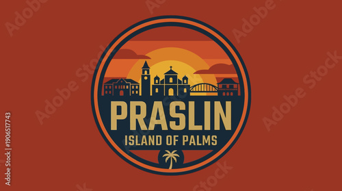Retro island paradise emblem featuring palm trees and tropical architecture under a vibrant sunset, ideal for travel branding and vacation promotions