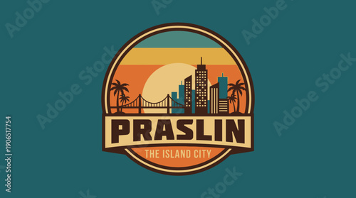 Stylized retro island city emblem featuring a vibrant sunset skyline, palm trees, and bridge, ideal for travel-themed designs